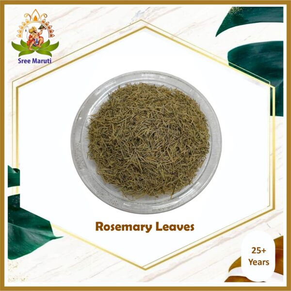 Rosemary leaves are fragrant, slender aromatic herbs with a pine-like appearance, characterized by their narrow, needle-shaped structure and rich green color.