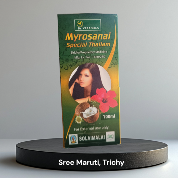 Myrosanai Thailam nourishes scalp, removes dandruff, reduces itching, and promotes healthy hair growth—naturally and effectively