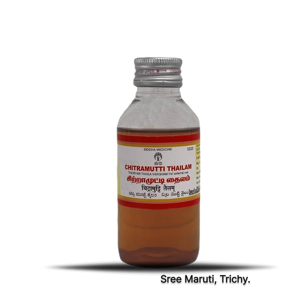 Chitramutti Thailam bottle with herbs and a person applying oil to a swollen knee — Siddha external oil for joint pain and arthritis relief.