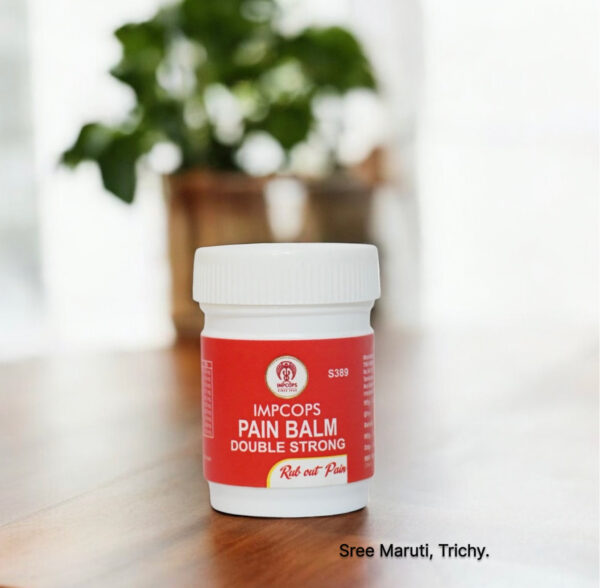 Pain Balm Double Strong jar with herbal ingredients like menthol and eucalyptus – used for headache, nasal congestion, and muscular pain relief.
