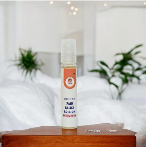 Pain Relief Roll-On bottle with herbal ingredients and a person applying it on the forehead – fast-acting remedy for headache, cold, and muscle pain.