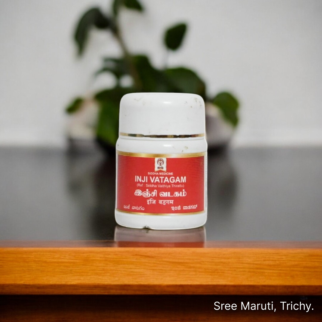 Inji Vatagam – Herbal Siddha digestive tablet with ginger for gas, bloating, and indigestion.