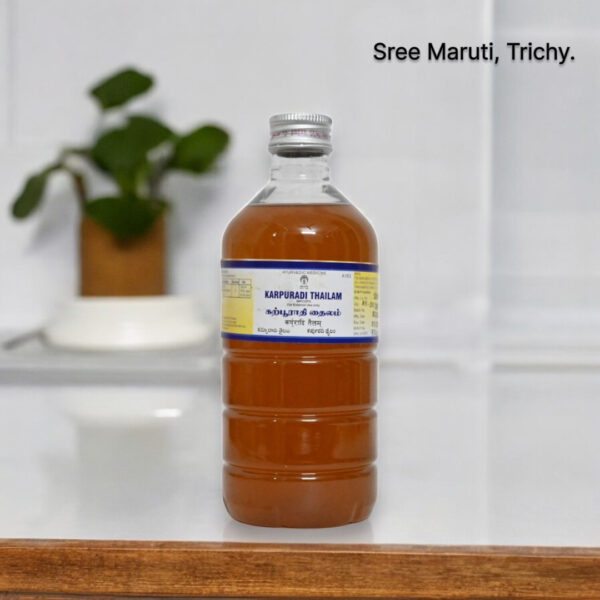 Karpuradi Thailam – Siddha herbal oil for muscle cramps, joint pains, and swelling relief.