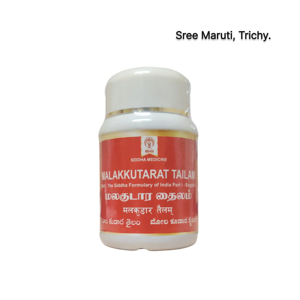 Malakkutarat Thailam – Siddha herbal medicated oil for relieving arthritis, muscle pain, and swelling.