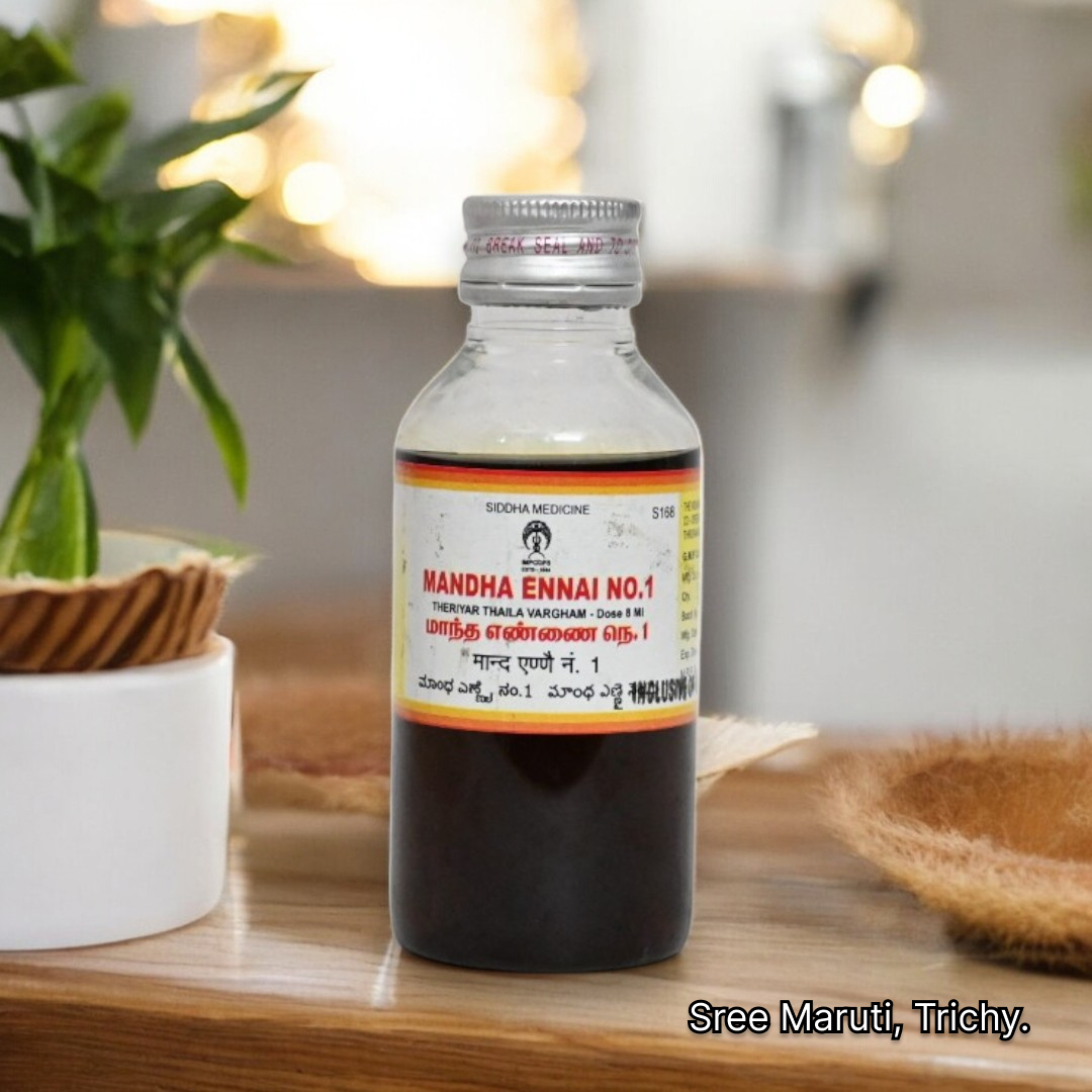 Mandha Ennai No. I – Siddha herbal purgative oil used for digestive system detox and controlled bowel cleansing.