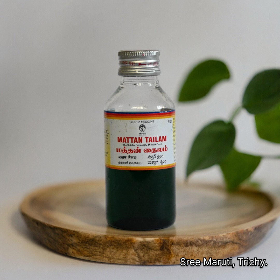 Mattan Thailam – Siddha medicated oil for treating eczema, wounds, skin infections, and promoting healthy skin.