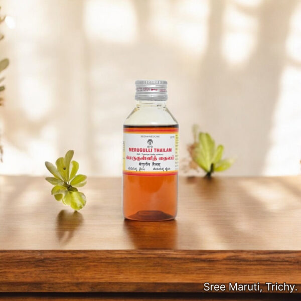 Merugulli Thailam – Siddha herbal oil for back pain, paralysis, nerve disorders, and muscular stiffness.r