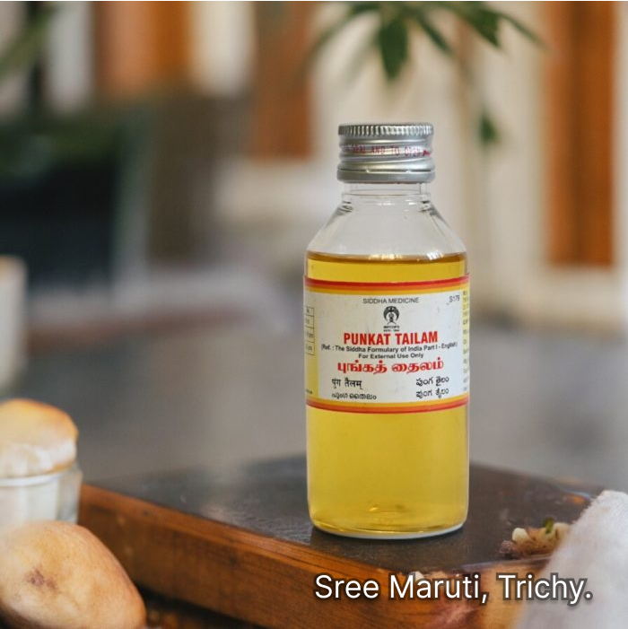 Punga Thailam – Herbal medicated oil for skin diseases, itching, and wound care.