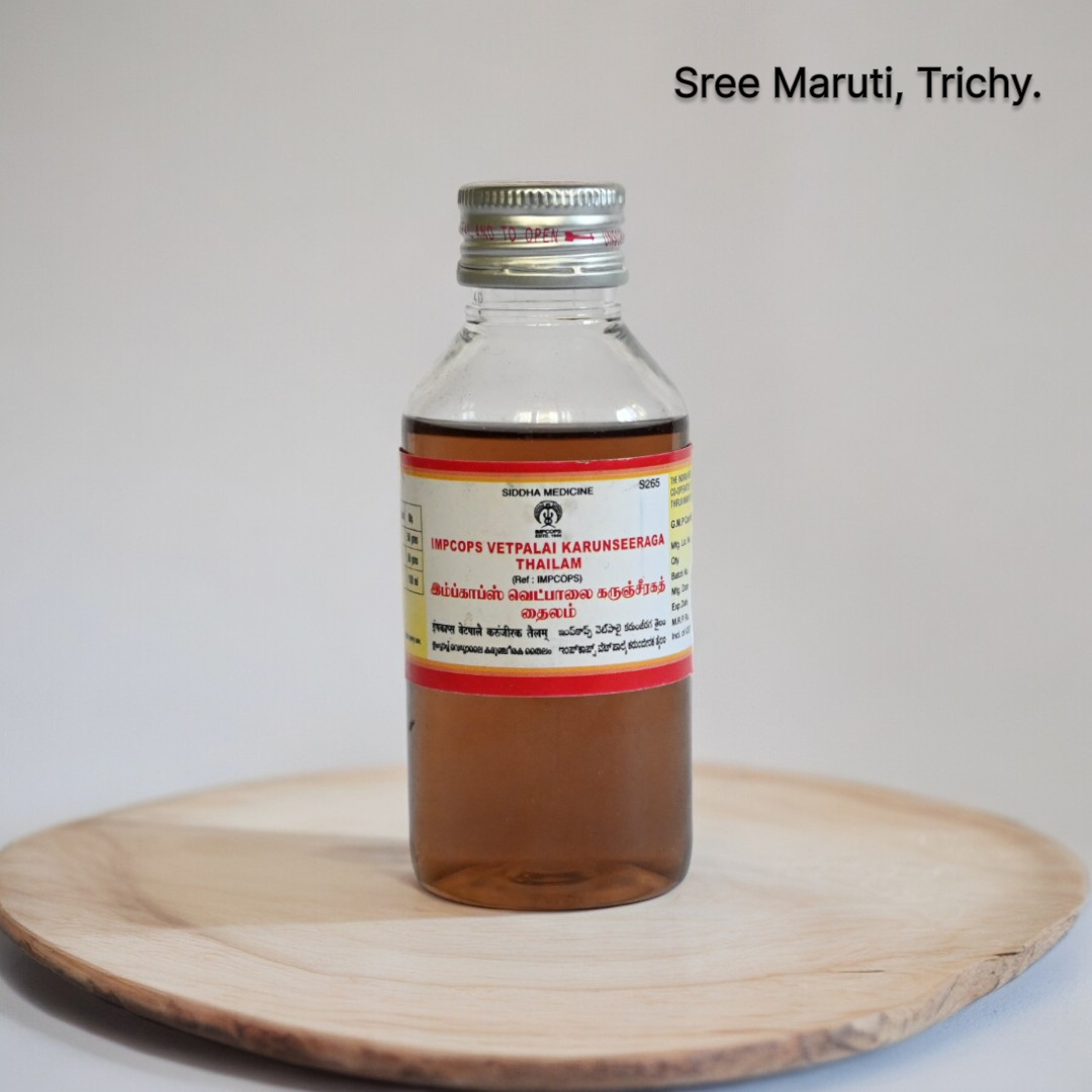 Vetpalai Karunseeraga Thailam – Herbal Siddha oil for psoriasis, dandruff, and skin inflammation relief.