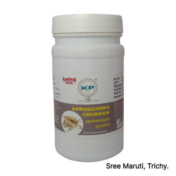 Ashwagandha powder in a wooden bowl with roots, used for stress relief and energy