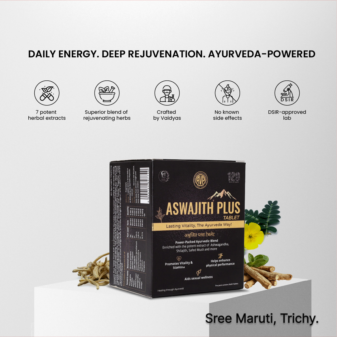 Aswajith Plus Tablet for strength, vitality, stamina, and general debility relief.