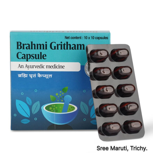 Brahmi Gritham Capsule – Ayurvedic medicine for memory enhancement, psychiatric disorders, infertility, and skin ailments.