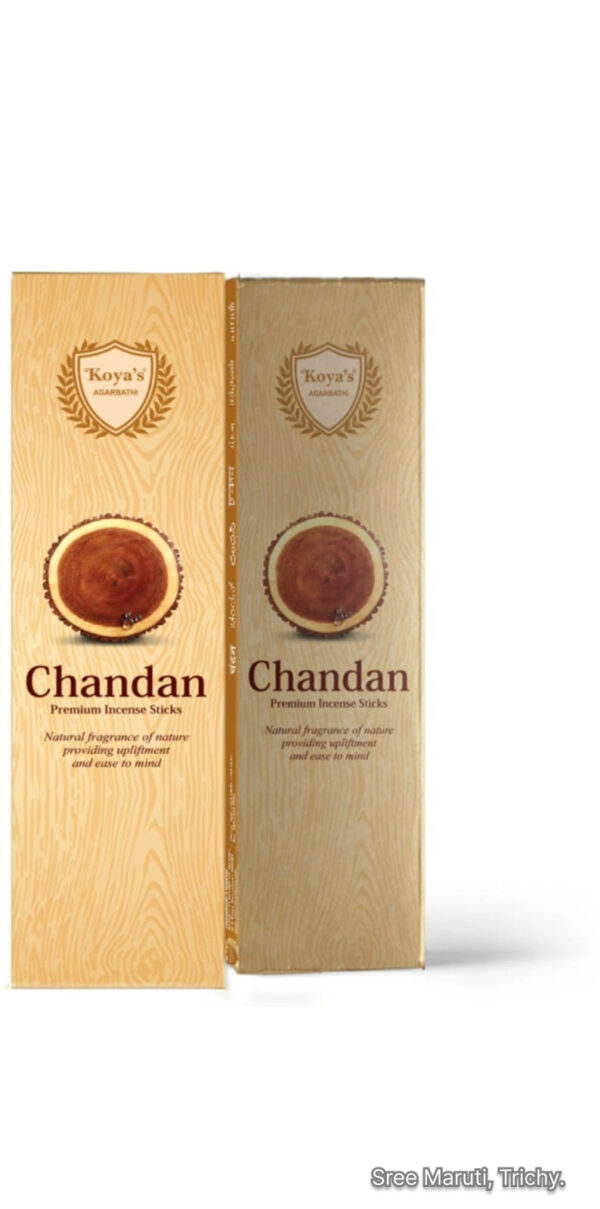 Chandan Premium Incense Sticks pack with burning incense and sandalwood background.