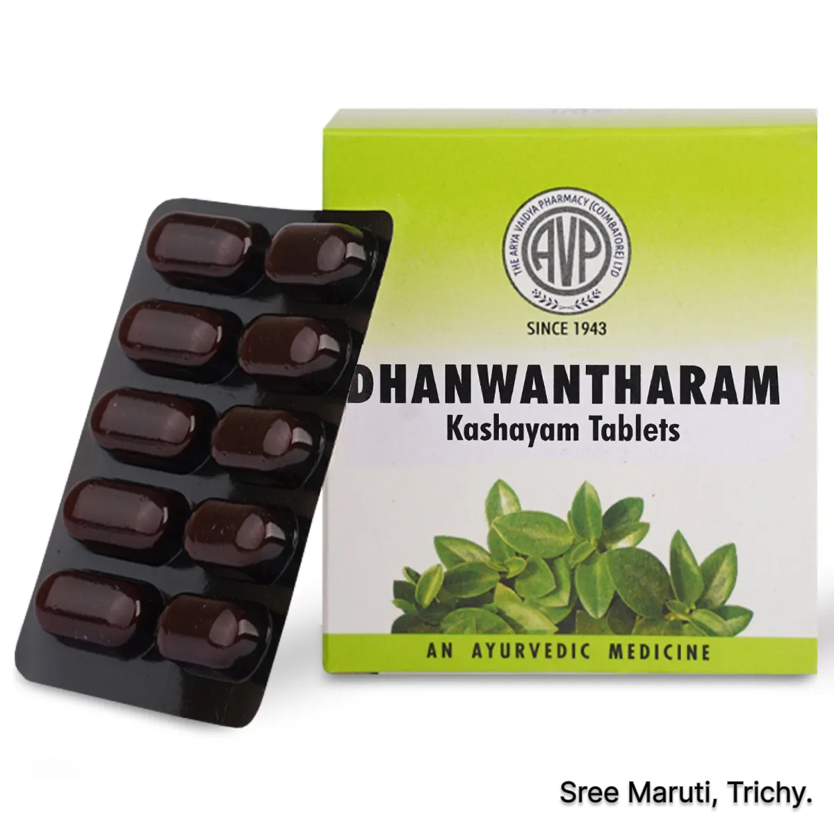 Dhanwantharam Kashayam Tablets – Ayurvedic medicine for Vata disorders, musculoskeletal pain, and postnatal care with Bala, Yava, Kulatha, and Dasamoola.