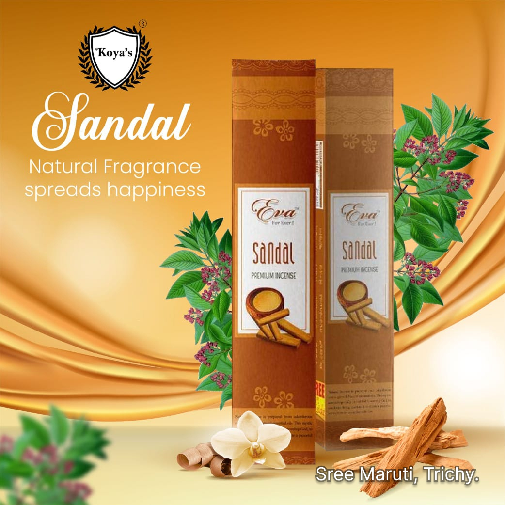 Eva Sandal Premium Incense sticks pack with burning incense and sandalwood pieces.