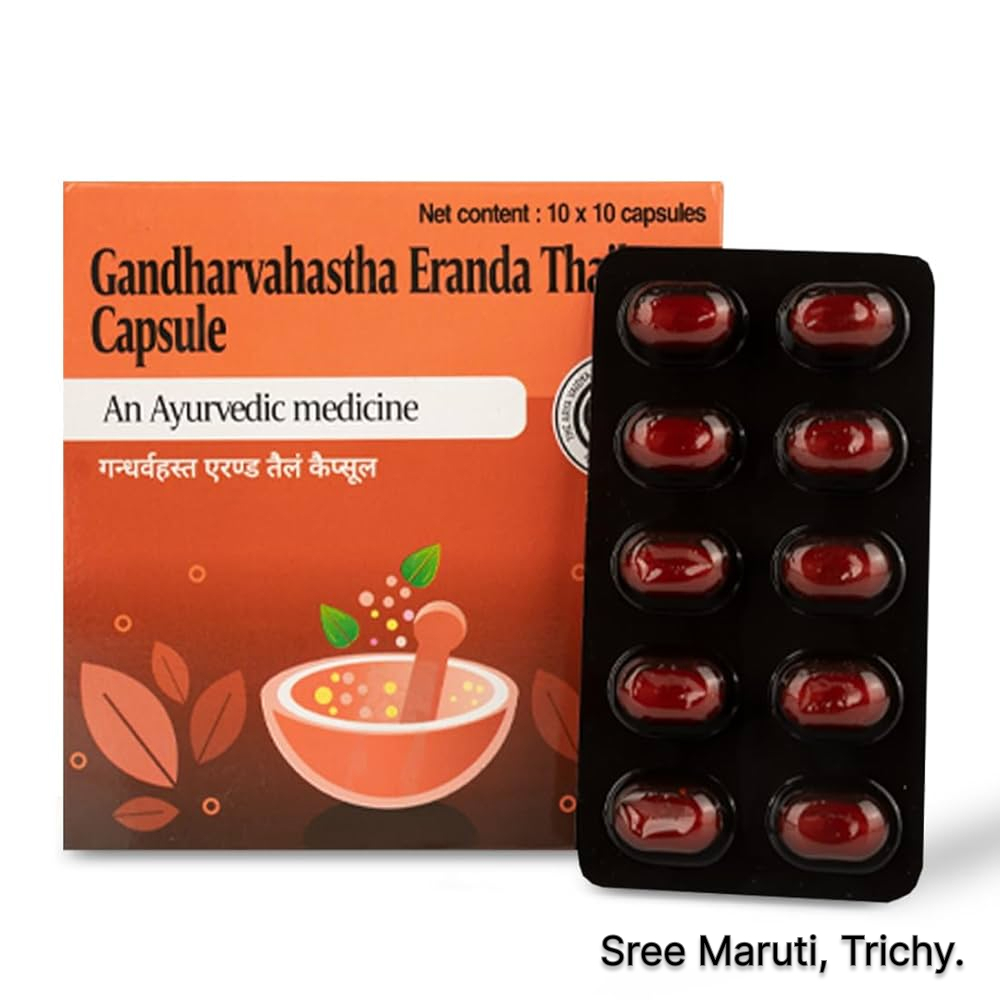 Gandharvahastha Eranda Thailam Capsule – Ayurvedic medicine for constipation, piles, bloating, and indigestion, enriched with Castor oil and Haritaki.