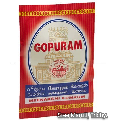 Container of Gopuram Meenakshi Kumkum with red powder for pooja and worship.