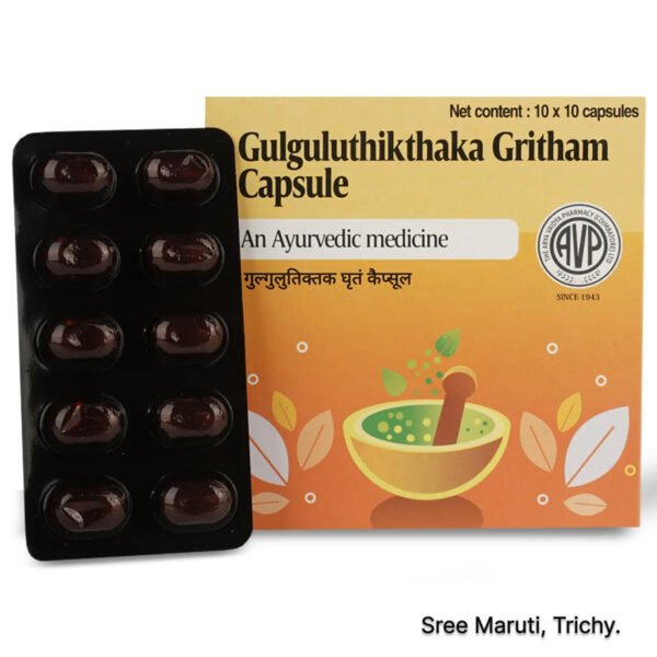Gulguluthikthaka Gritham Capsule – Ayurvedic medicine for degenerative arthritis, skin diseases, ulcers, and ano-rectal conditions.