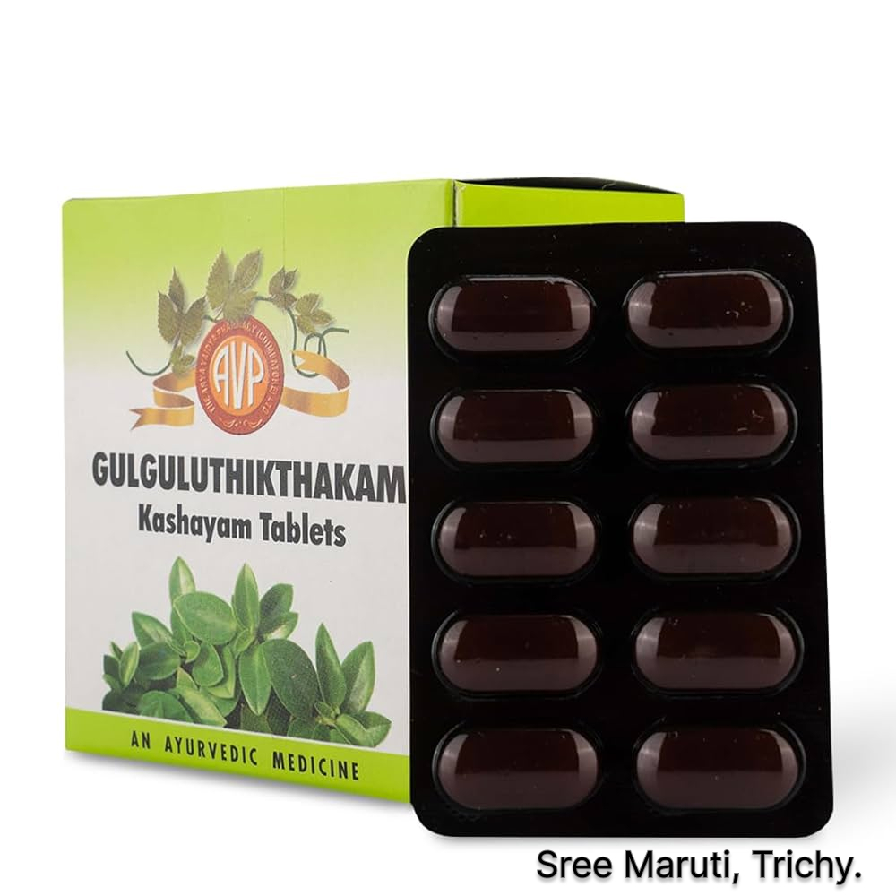 Gulguluthikthakam Kashayam Tablets – Ayurvedic medicine for Vata disorders, arthritis, skin diseases, ulcers, and fistula-in-ano, enriched with Nimba, Amrutha, Vrisha, and Patola.