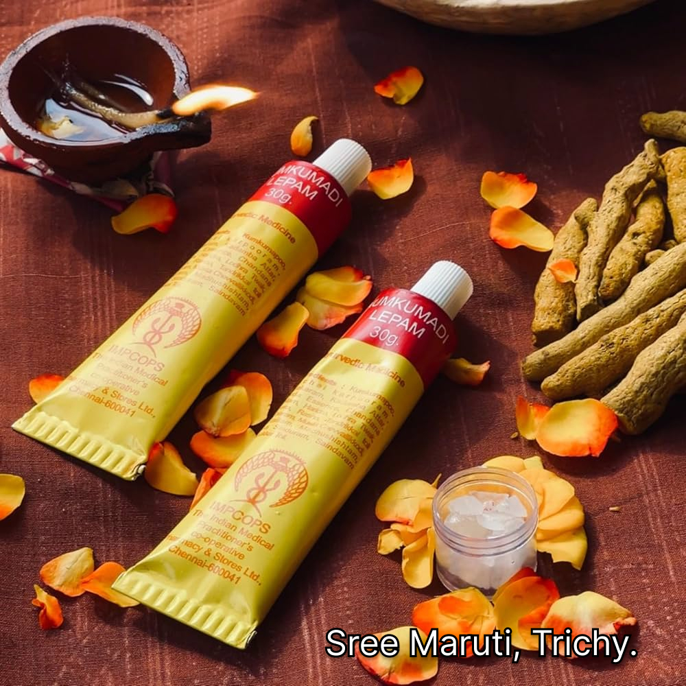 Kumkumadi Lepam cream with saffron and Ayurvedic herbs for radiant skin.