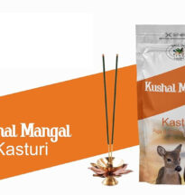 Kushal Mangal Kasturi Incense Sticks pack with burning incense and pooja setup.