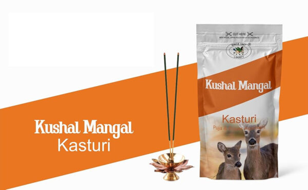 Kushal Mangal Kasturi Incense Sticks pack with burning incense and pooja setup.