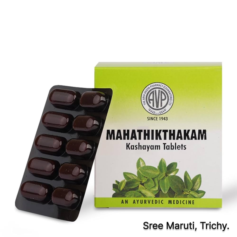 Mahathikthakam Kashayam Tablets – Ayurvedic formulation from Ashtanga Hrudaya, useful for skin diseases, ulcers, liver disorders, anemia, and Pitta-related conditions, enriched with Saptachada, Parpataka, Katuka, and Triphala.