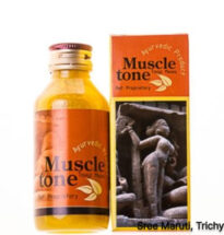 Muscle Tone Oil bottle with natural herbs for muscle firmness and breast care.