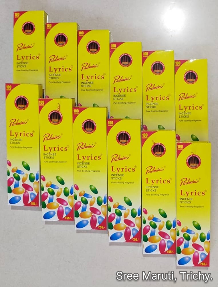 Padmini Lyrics Incense Sticks pack with burning incense in a holder.