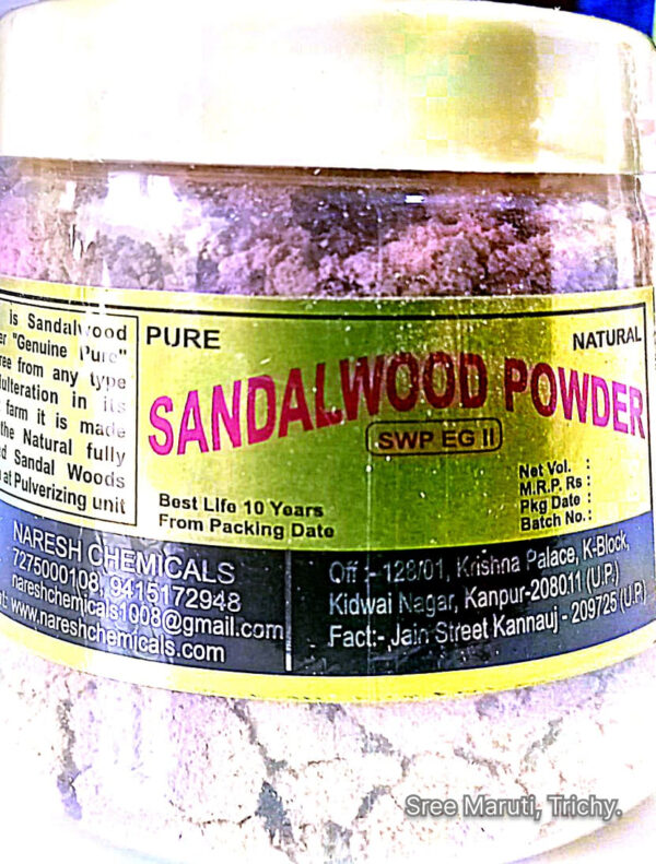 Naresh Chemicals sandalwood powder with sandalwood sticks and flowers.