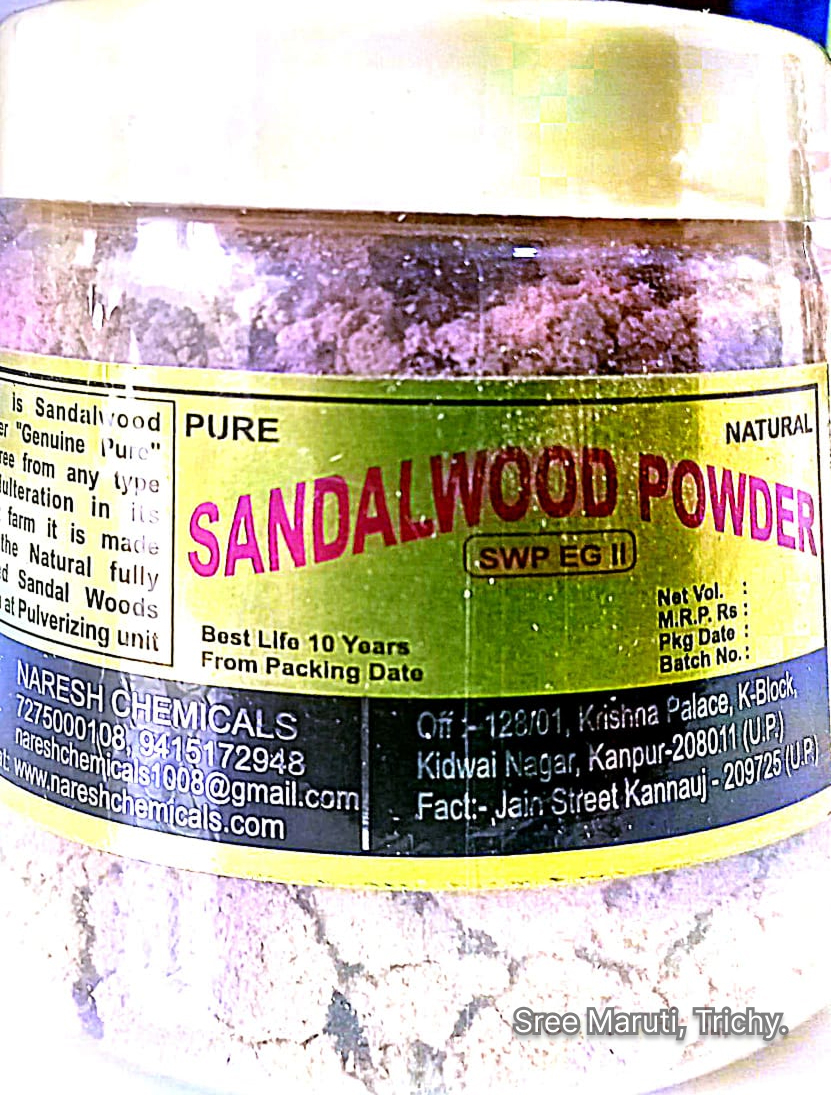 Naresh Chemicals sandalwood powder with sandalwood sticks and flowers.