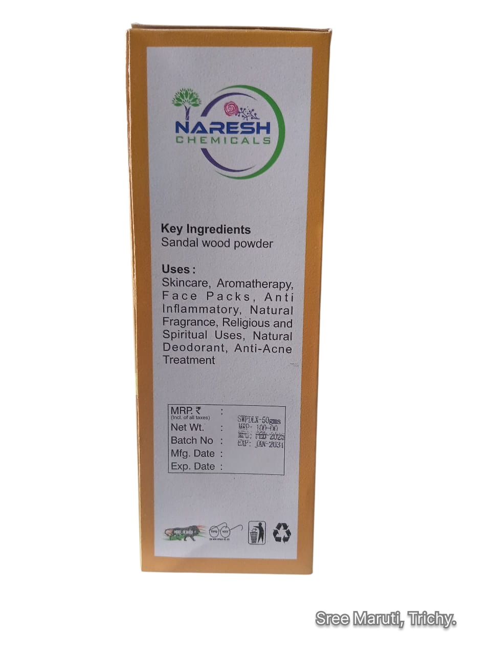 Naresh Chemicals Sandal Powder with sandalwood sticks.