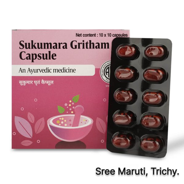 Sukumara Gritham Capsule – Ayurvedic medicine for women’s health, infertility, abdominal pain, hernia, and inflammatory swellings.