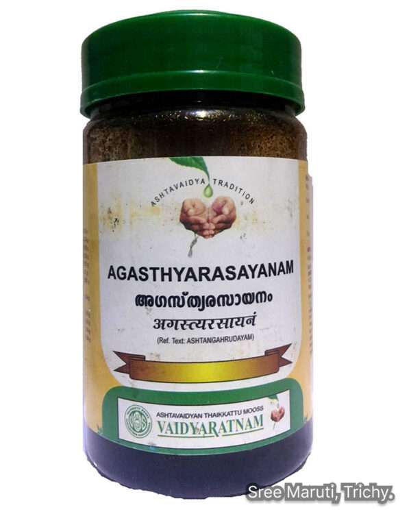 Agasthyarasayanam powder with herbal ingredients like Agastya leaves, Guduchi, and Haritaki for digestion and liver support.