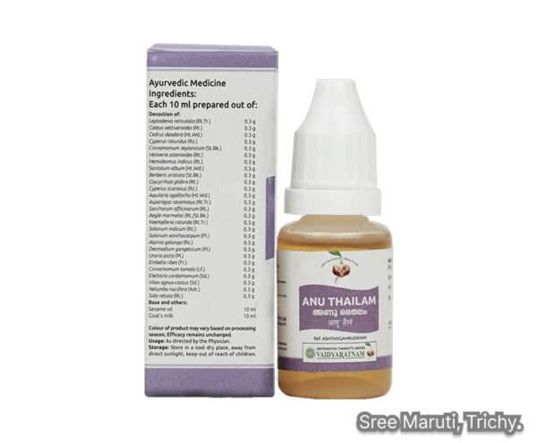 Bottle of Anu Thailam with sesame oil and Ayurvedic herbs for nasal therapy.