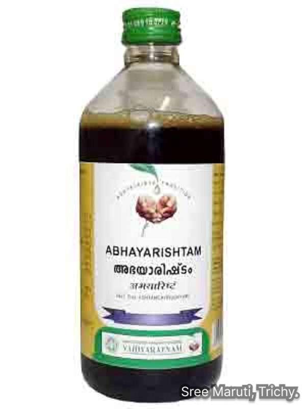 Bottle of Abhayarishtam with Haritaki and jaggery – natural Ayurvedic formulation for digestion and constipation relief