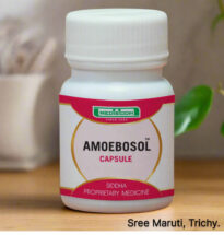 Amoebosol capsules pack with herbs and digestive health concept background