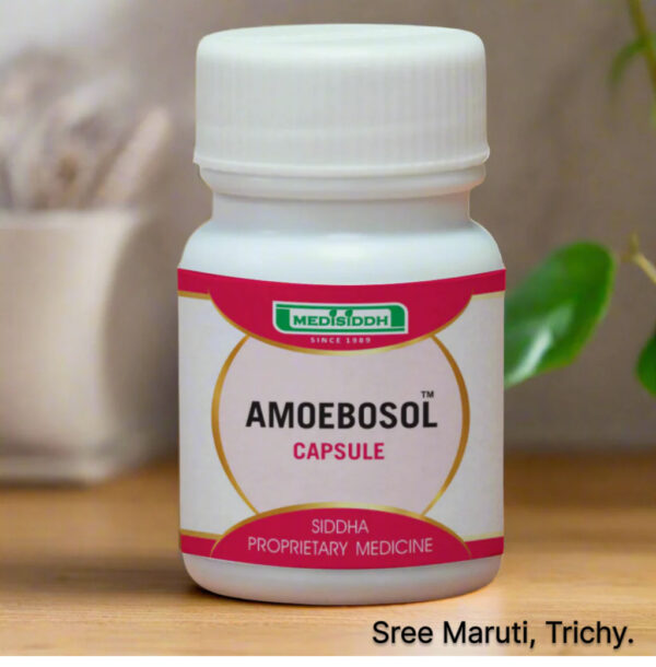 Amoebosol capsules pack with herbs and digestive health concept background