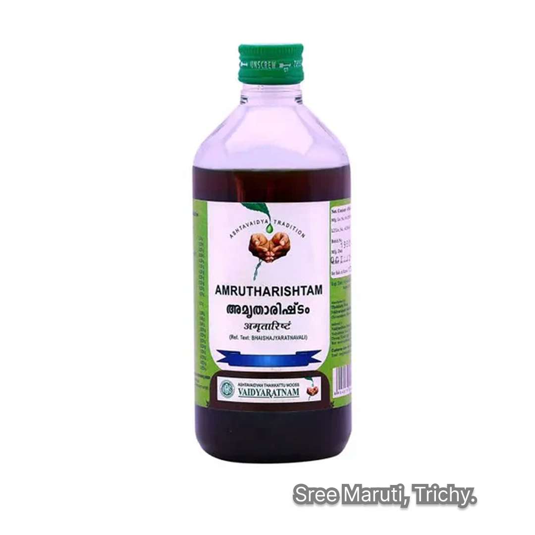 Amritharishtam bottle with Triphala and Guduchi – Ayurvedic fermented tonic for digestive and immune support.