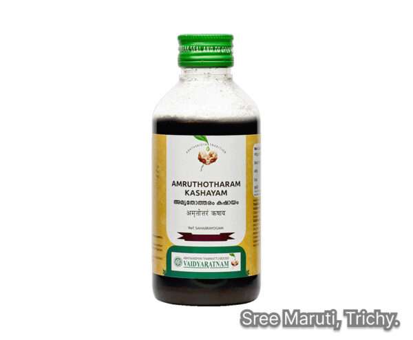 Amruthotharam Kashayam Ayurvedic herbal decoction for immunity, chronic cough, fatigue, respiratory disorders, and overall rejuvenation.