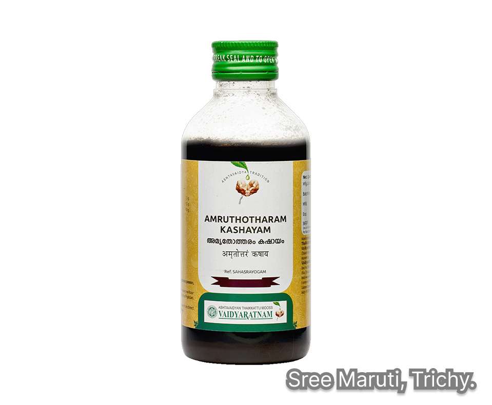 Amruthotharam Kashayam Ayurvedic herbal decoction for immunity, chronic cough, fatigue, respiratory disorders, and overall rejuvenation.