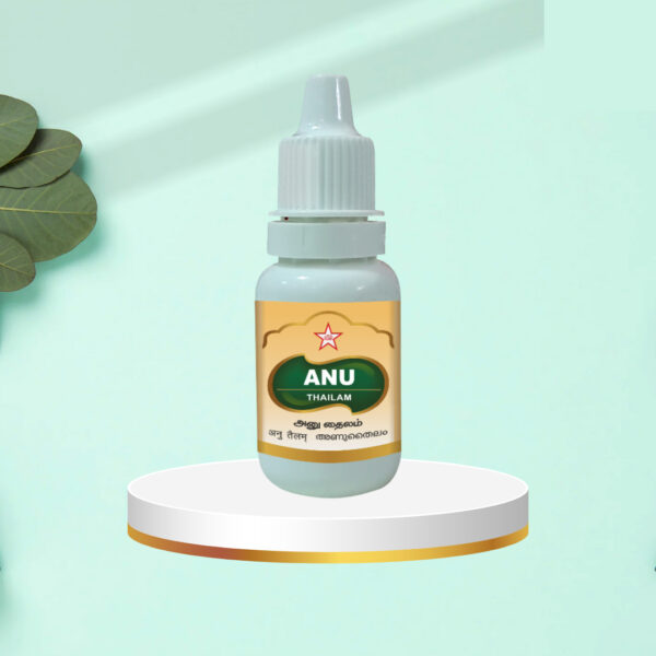 Bottle of Anu Thailam with Ayurvedic herbs for nasal drops and sinus relief