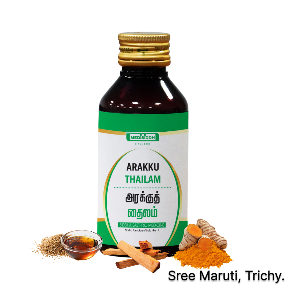 Arakku Thailam herbal oil for Vata-Pitta balance, joint pain, muscle weakness, and nervous system support.