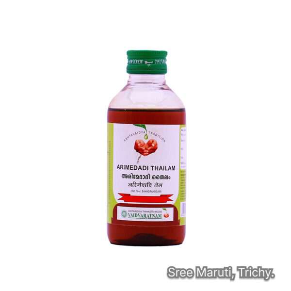 Arimedadi Thailam bottle with herbs – Ayurvedic oil for eczema, wound healing, and skin nourishment.