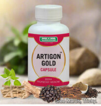 Artigon Gold Capsule bottle with herbs and joint pain relief background illustration