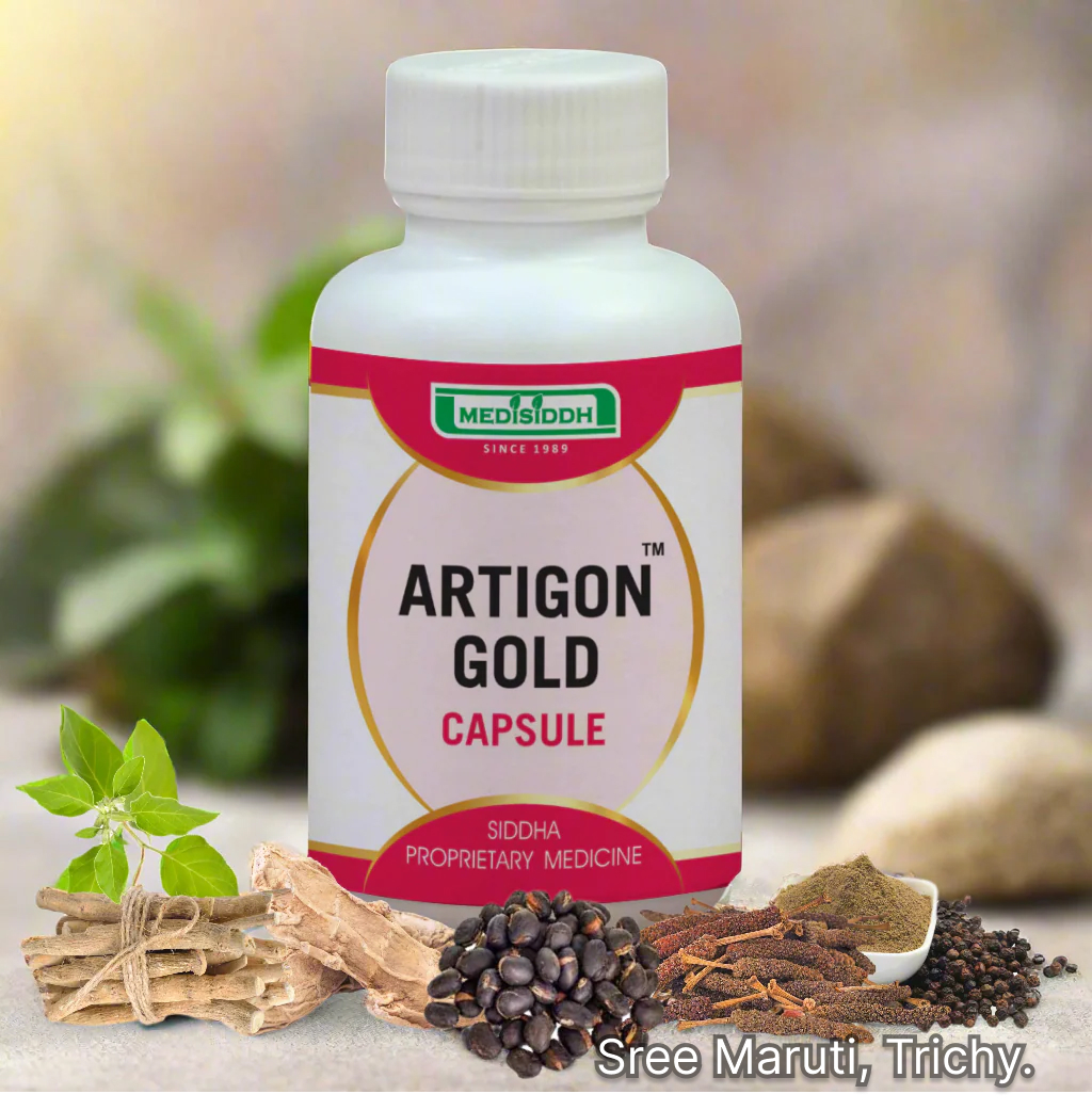 Artigon Gold Capsule bottle with herbs and joint pain relief background illustration