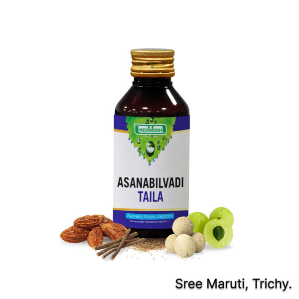 Asanabilvadi Thailam herbal oil for headache, eye pain, and hearing issues.