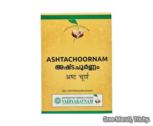 Ashta Choornam powder in a bowl with digestive spices like cumin, pepper, and ginger.