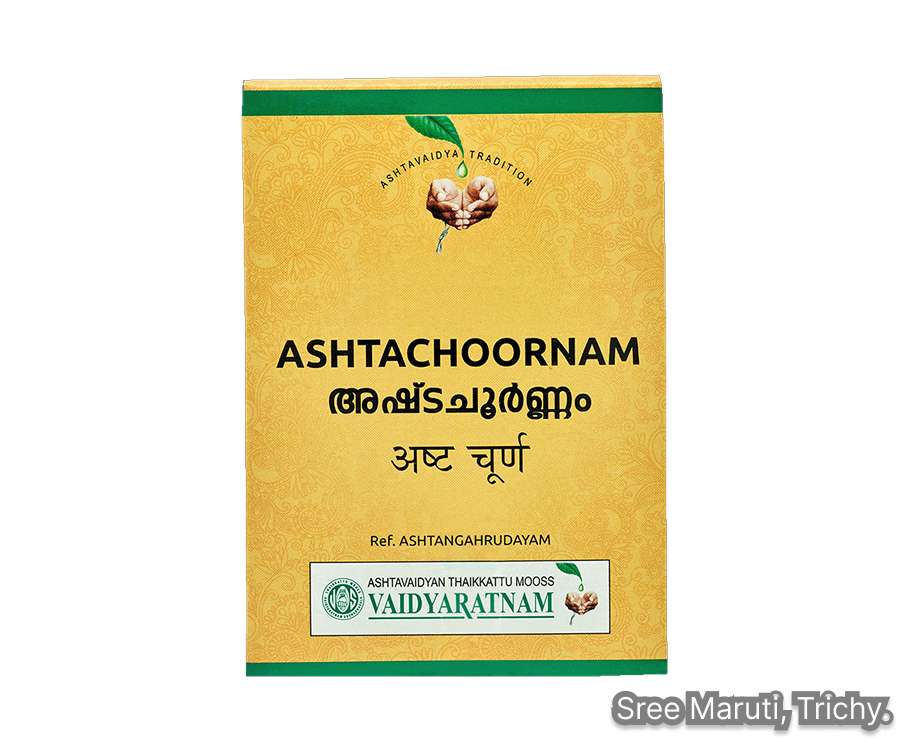 Ashta Choornam powder in a bowl with digestive spices like cumin, pepper, and ginger.