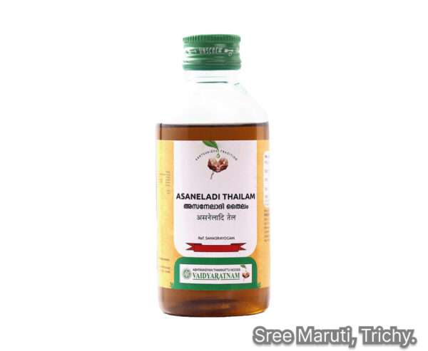 Bottle of Ashtapathradi Kera Thailam with coconut and herbs, representing Ayurvedic hair oil.